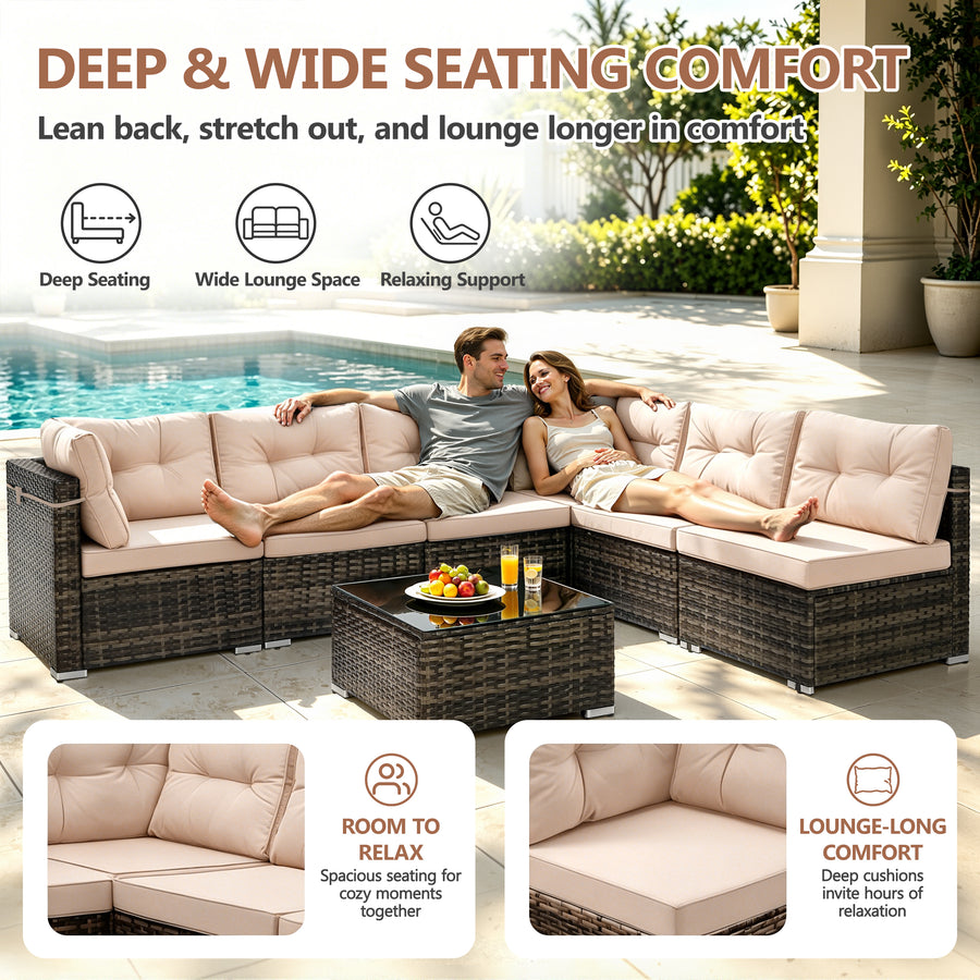 Patio Outdoor Furniture Sets, 7 Pieces All-Weather Rattan Sectional Sofa with Tea Table, Cushions & Pillow, PE Rattan Wicker Sofa Couch Conversation Set for Garden Backyard Poolside, B04