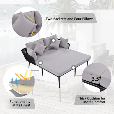 SEGMART 2-Person Outdoor Patio Daybed, Sunbed Furniture with 4 Pillow and 2 Backrest Cushion, Outdoor Lounge Chairs, Woven Nylon Rope Backrest for Balcony, Poolside, Lawn, Garden