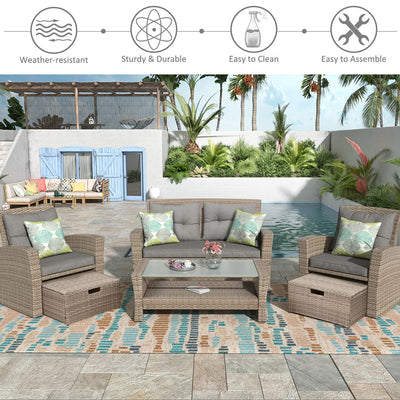 SEGMART 6 Piece Outdoor Patio Furniture Sets, All-Weather Rattan Conversation Set with Ottoman & Cushions, Outdoor Sectional Wicker Set for Backyard, Deck, Poolside