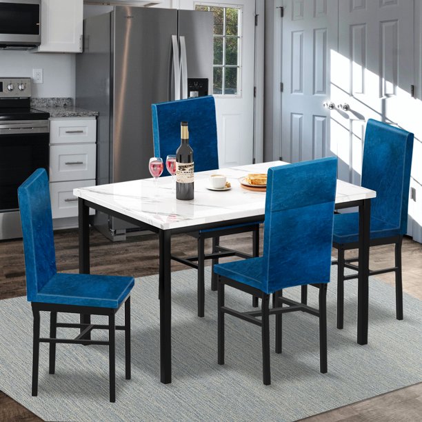 Kitchen Table and 4 Chairs Set, Metal Kitchen Table Sets Faux Marble Rectangular Breakfast Table w/Metal Legs & Black Finish Frame, Dining Table Sets for an Apartment Breakfast, SS1308