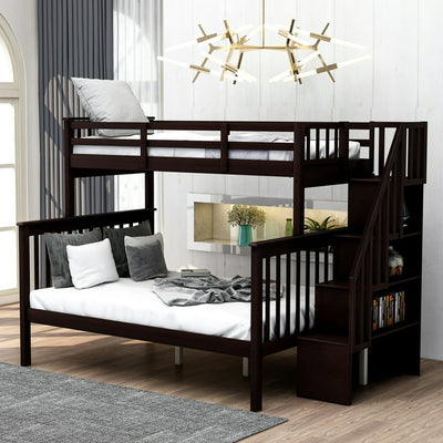 SEGMART Wood Bunk Beds for Kids, 76.97'' x 51.57'' Solid Wood Twin-Over-Full Kids Bed, Sturdy Wood Twin-Over-Full Bunk Beds w/ 4 Storage Shelves, 4-Step Ladder, Full-Length Guardrails, 250lbs, S1934
