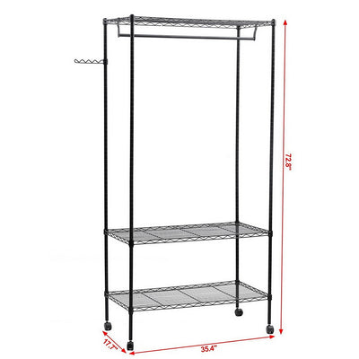 Portable Clothes Rack, Heavy Duty Hanging Garment Rack with Wheels and Side Hooks, 3 Shelves Wire Shelving Rack With Hanger Rods, Freestanding Closet Wardrobe Rack for Home Bedroom