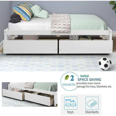 Platform Bed, Twin Mattress Foundation Bed Frame with 2 Drawers, Elegant Twin Size Wood Kids Bed Frame for Kids Room, No Box Spring Needed / Wood Slat Support, 79.5''L*41.75''W*15.6''H, White, SS1296
