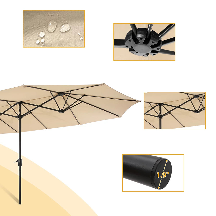 Outdoor Party Deck Market Umbrella, 15Ft Twin Durable Polyester Double-Sided Pool Umbrella with Crank, Foldable Waterproof Sunscreen Beach Sun Shade Tent for Garden, Lawn, Backyard, Tan, S8640