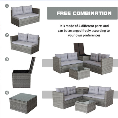 SEGMART Patio Furniture Sets, 4 Piece Patio Furniture Sets with Loveseat Sofa, Storage Box, Tempered Glass Coffee Table, All-Weather Patio Sectional Sofa Set with Cushions for Backyard Garden Pool