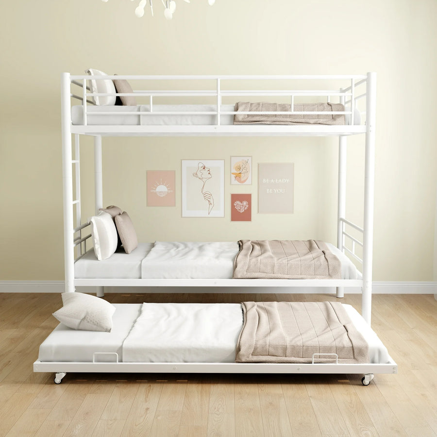 Twin Over Twin Bunk Bed with Trundle, Metal Twin Bed with Safety Guard Rail and Ladders, Space-Saving Design Sleeping Bedroom Bunk Bed for Boys, Girls, Kids, Young Teens and Adults, Easy Assembly, B20