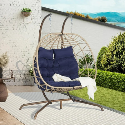 SEGMART 2-Person Hanging Swing Chair with Stand, Double Hanging Egg Chair with Cushion and Pillow, Foldable Wicker Rattan Patio Basket Hanging Chair for Indoor Outdoor Garden