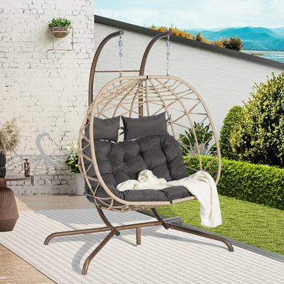 SEGMART 2-Person Hanging Swing Chair with Stand, Double Hanging Egg Chair with Cushion and Pillow, Foldable Wicker Rattan Patio Basket Hanging Chair for Indoor Outdoor Garden