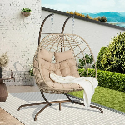 SEGMART 2-Person Hanging Swing Chair with Stand, Double Hanging Egg Chair with Cushion and Pillow, Foldable Wicker Rattan Patio Basket Hanging Chair for Indoor Outdoor Garden