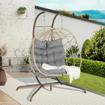 SEGMART 2-Person Hanging Swing Chair with Stand, Double Hanging Egg Chair with Cushion and Pillow, Foldable Wicker Rattan Patio Basket Hanging Chair for Indoor Outdoor Garden