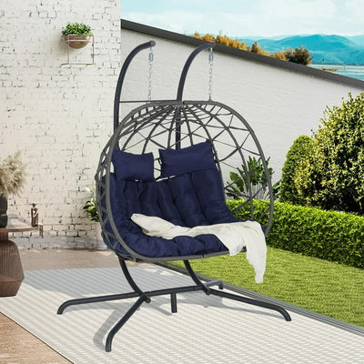 SEGMART 2-Person Hanging Swing Chair with Stand, Double Hanging Egg Chair with Cushion and Pillow, Foldable Wicker Rattan Patio Basket Hanging Chair for Indoor Outdoor Garden