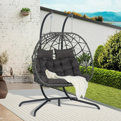 SEGMART 2-Person Hanging Swing Chair with Stand, Double Hanging Egg Chair with Cushion and Pillow, Foldable Wicker Rattan Patio Basket Hanging Chair for Indoor Outdoor Garden