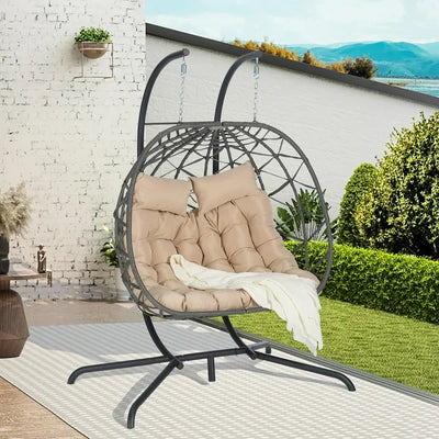 SEGMART 2-Person Hanging Swing Chair with Stand, Double Hanging Egg Chair with Cushion and Pillow, Foldable Wicker Rattan Patio Basket Hanging Chair for Indoor Outdoor Garden