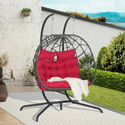 SEGMART 2-Person Hanging Swing Chair with Stand, Double Hanging Egg Chair with Cushion and Pillow, Foldable Wicker Rattan Patio Basket Hanging Chair for Indoor Outdoor Garden