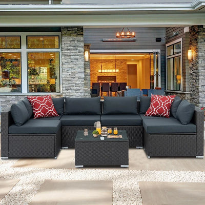 7 PCS Patio Furniture Set, Outdoor Conversation Set, PE Rattan Wicker Sectional Sofa Set, Wicker Couch Set with Cushions & Coffee Table, Sectional Furniture for Patio Lawn Poolside