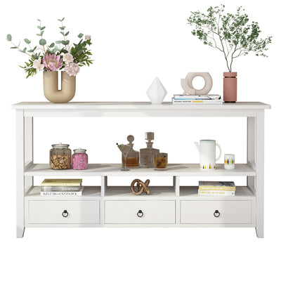 57.9" 3-Tier Vintage Console Table with 3 Drawers, Buffet Sideboard Hallway Foyer Table with Storage Shelves, Narrow Long Sofa Entryway Table for Living Room, Kitchen Counter, White