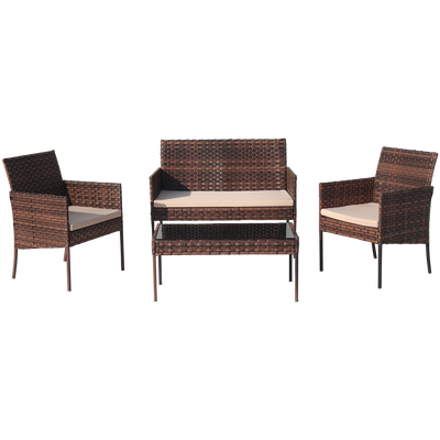 Rattan Wicker Patio Set, SEGMART 4 Piece All-Weather Outdoor Conversation Set with Glass Top Table, Loveseat, Cushioned Chairs, Modern Patio Furniture Set for Yard, Porch, Garden, Poolside, Brown