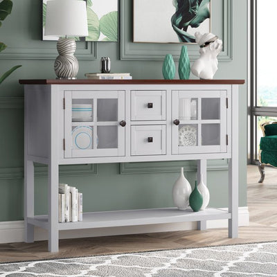 Living Room Tables, Modern Stylish Sofa Table with Storage, Wood Console Table Buffet Sideboard with 2 Drawers and 2 Cabinets, Entryway Foyer Table, High-End Hallway Table, White and Brown, SS618