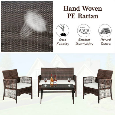 Backyard Outdoor Furniture Sets, Rattan Wicker Bistro Conversation Sets, Garden Backyard Balcony Porch Poolside Armchair Seat Furniture Sets with Soft Cushion and Glass Table, Brown, S704