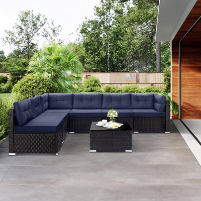 Patio Outdoor Furniture Sets, 7 Pieces All-Weather Rattan Sectional Sofa with Tea Table, Cushions & Pillow, PE Rattan Wicker Sofa Couch Conversation Set for Garden Backyard Poolside, B04