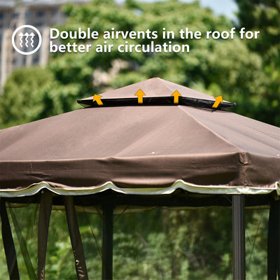 Vented Dome Top Patio Gazebo, Double Roofs Outdoor Shelter Canopy Tent with Nettings and Privacy Screens for Deck Backyard Patio Garden, 9.8 ft. Wx9.8Ft.L, Brown