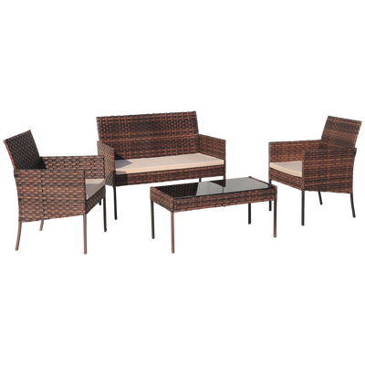 Rattan Wicker Patio Set, SEGMART 4 Piece All-Weather Outdoor Conversation Set with Glass Top Table, Loveseat, Cushioned Chairs, Modern Patio Furniture Set for Yard, Porch, Garden, Poolside, Brown