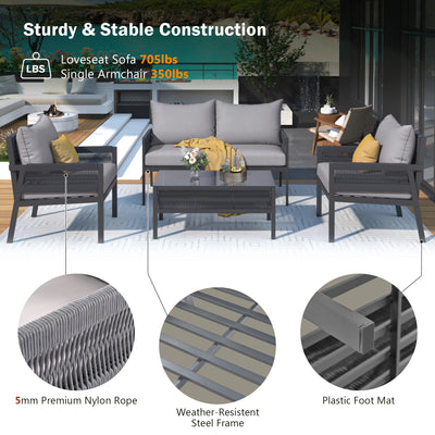 SEGMART 4-Piece Outdoor Patio Furniture Set, Patio Metal Conversation Set with Tempered Glass Table, All-Weather Woven Rope Deep Seating Sofa Set with Thick Cushion for Porch Backyard Balcony