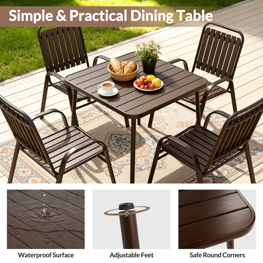 5 Piece Outdoor Dining Set, Patio Furniture Set with 4 Armrest Chairs and Steel Slat Table, All-Weather Conversation Set for Patio, Backyard, Deck, Poolside - Brown