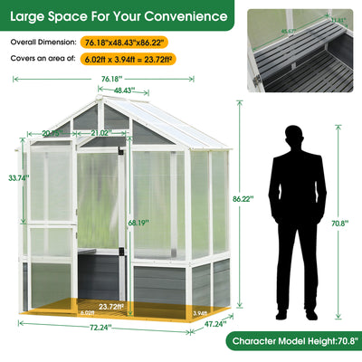 SEGMART 6' x 4' Walk-in Polycarbonate Greenhouse with Drain Hole, Outdoor Garden Greenhouse with Wooden Base and 2 Shelf, Sunroom Hot House for Plants in Winter