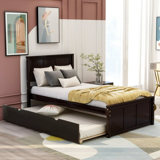 SEGMART Twin Bed Frame, Kids Wood Platform Bed Frame with 2 Drawers, Solid Wood Platform Bed with Solid Pine Wood Headboard, Wood Slat Support Mattress Foundation, Espresso, SS947