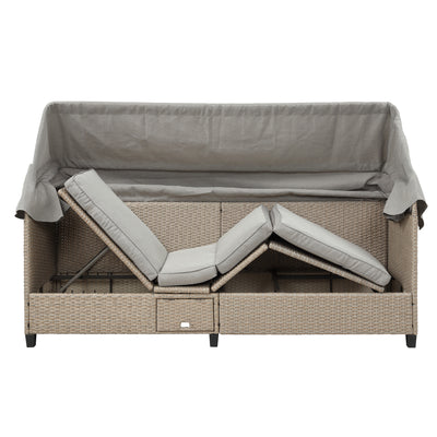 Outdoor Wicker Daybed, 4 Piece Patio Wicker Sectional Sofa Set with Canopy, Lifting Table, UV-Proof PE Rattan Patio Conversation Furniture Sets with Cushions for Backyard, Porch, Garden, Pool, LLL184