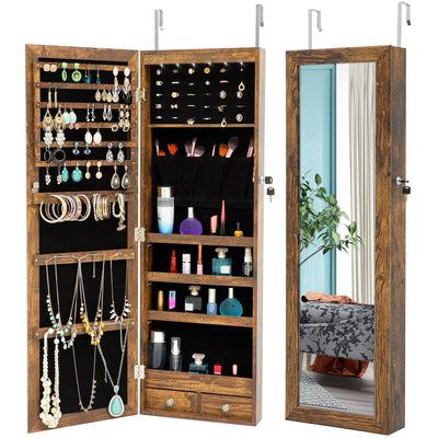 6 LEDs Mirror Jewelry Cabinet, Wall Door Mounted Jewelry Organizer Box, Jewelry Armoire Cabinet with Full Length Mirror, Lockable Jewelry Mirror Organizer with 2 Drawers, Bracelet Rod, Girl's Gift