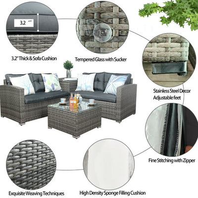 Clearance! Wicker Patio Sets, 4 Piece Patio Furniture Sets with Loveseat Sofa, Storage Box, Tempered Glass Coffee Table, All-Weather Patio Conversation Set with Cushions for Backyard, Garden, L4990