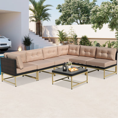 Patio Outdoor Furniture Sets, 7 Pieces All-Weather Rattan Sectional Sofa with Tea Table, Cushions & Pillow, PE Rattan Wicker Sofa Couch Conversation Set for Garden Backyard Poolside, B04