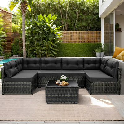 Patio Outdoor Furniture Sets, 7 Pieces All-Weather Rattan Sectional Sofa with Tea Table, Cushions & Pillow, PE Rattan Wicker Sofa Couch Conversation Set for Garden Backyard Poolside, B04