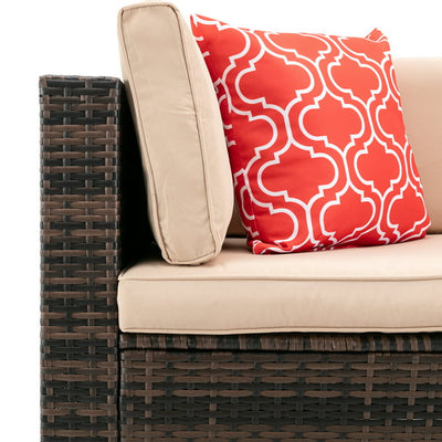 7 Piece Patio Furniture Set with 6 Rattan Wicker Chairs, Coffee Table and 2 Pillows, Outdoor Conversation Set with Beige Cushions for Backyard, Porch, Garden, Poolside, LLL4258