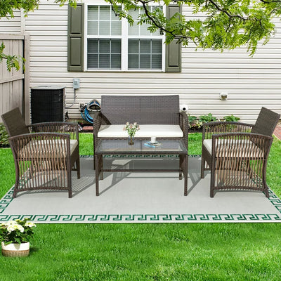 Backyard Outdoor Furniture Sets, Rattan Wicker Bistro Conversation Sets, Garden Backyard Balcony Porch Poolside Armchair Seat Furniture Sets with Soft Cushion and Glass Table, Brown, S704