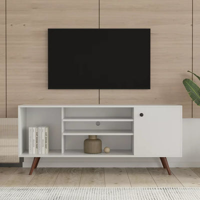 TV Stands Living Room Furniture, White TV Cabinet with 2 Storage Cabinets for TVs up to 55'', Console Table Entertainment Center Furniture with Solid Wood Legs, S9818