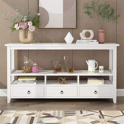 57.9" 3-Tier Vintage Console Table with 3 Drawers, Buffet Sideboard Hallway Foyer Table with Storage Shelves, Narrow Long Sofa Entryway Table for Living Room, Kitchen Counter, White