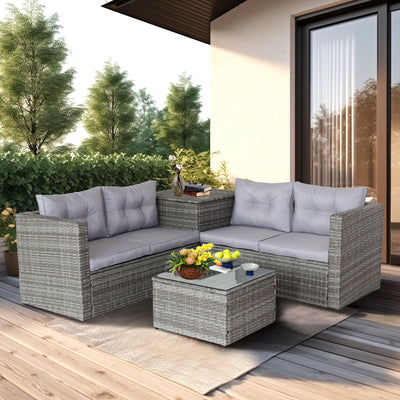 Patio Furniture Sofa Set, 4 Piece Outdoor Conversation Sets, Rattan Sofa Chairs and Glass Table, Ottoman, All-Weather Patio Sectional Sofa Set with Cushions for Backyard, Porch, Garden, Poolside, Gray