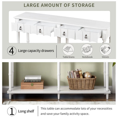 Country Console Table with 4 Storage Drawers, Wood Buffet Sideboard Desk w/Bottom Shelf, Retro Tall Console Table Entryway Table Accent Table for Entryway, 220lbs, White, S9923