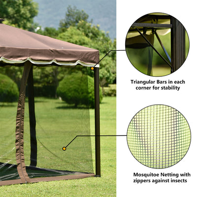 Vented Dome Top Patio Gazebo, Double Roofs Outdoor Shelter Canopy Tent with Nettings and Privacy Screens for Deck Backyard Patio Garden, 9.8 ft. Wx9.8Ft.L, Brown