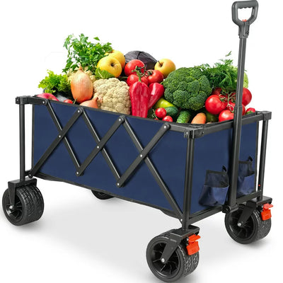 Outdoor Folding Utility Wagon, Collapsible Beach Wagon Cart with 360 Rotating Front Wheels and Drink Holders, Portable Garden Cart for Camping, Picnic, Beach