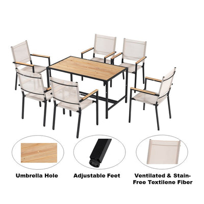 SEGMART 7 Piece Outdoor Patio Dining Set for 6-Person, All-Weather Modern Steel Patio Furniture Sets, Textilene Outdoor Dining Chairs and Metal Wood Square Table with with 1.57" Umbrella Hole