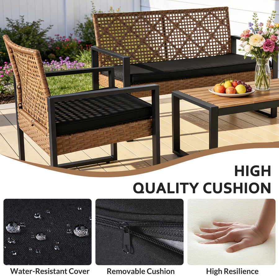 Segmart 4 Piece Patio Conversation Set, PE Rattan Patio Furniture Set with Coffee Table, All-Weather Outdoor Sofa Set with Cushion for Porch, Backyard, Balcony - Light Brown