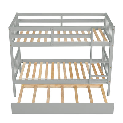 Twin over Twin Bunk Bed, SEGMART Upgraded Solid Wood Twin Bunk Bed with Trundle, Safety Rail and Ladder, Twin Size Detachable Bunk Bed Frame for Kids Boys Girls Teens, Gray, I9640