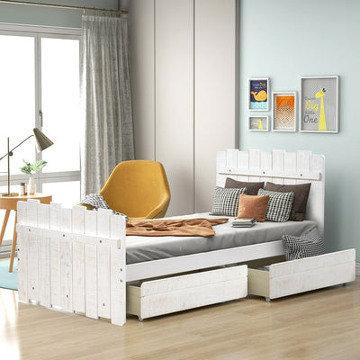 Twin Size Platform Bed, Vintage Kids Wood Bed Frame with 2 Drawers, Solid Wood Platform Bed with Fence-Shaped Headboard and Footboard, Wood Slat Support Mattress Foundation, Twin, White, SS883