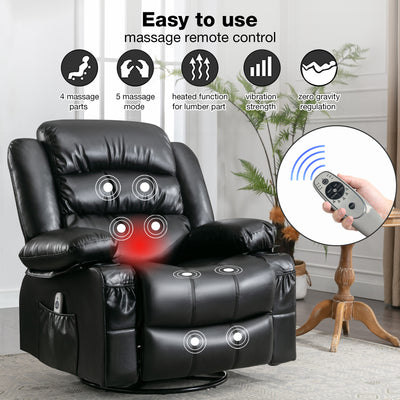 PU Leather Electric Massage Swivel Recliner Chair with Remote Control, Larg Recliner Chair for adult, Heavy Duty Electric Massage Rocking Chair Recliners Sofa Lounge Chair for Living Room, Black