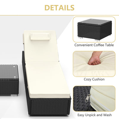 Outdoor Lounge Chairs, 3Pcs Patio Chaise Lounge Chairs Furniture Set with Adjustable Back and Head Pillow, All-Weather Rattan Reclining Lounge Chair for Beach, Backyard, Porch, Garden, Pool, LLL1542