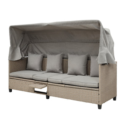 Outdoor Wicker Daybed, 4 Piece Patio Wicker Sectional Sofa Set with Canopy, Lifting Table, UV-Proof PE Rattan Patio Conversation Furniture Sets with Cushions for Backyard, Porch, Garden, Pool, LLL184